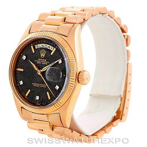 The image shows a Rolex President 1803 Men
s Rose Gold Black Dial 1803 Men
s Rose Gold Black Dial model watch at a three-quarter angle, highlighting its face, bezel, crown, and bracelet.