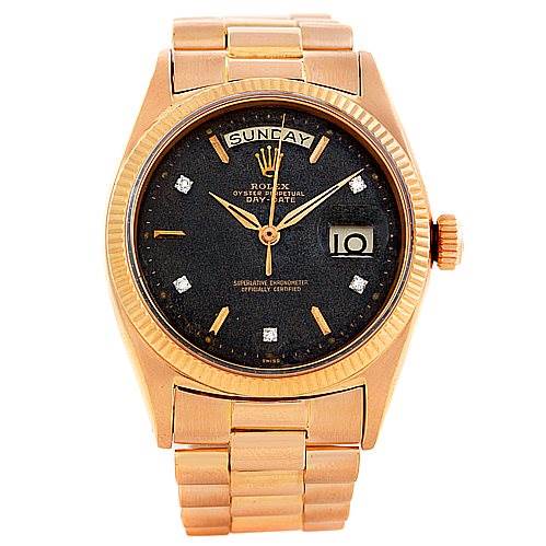This image shows a front view of a Rolex President 1803 Men
s Rose Gold Black Dial 1803 Men
s Rose Gold Black Dial model watch, highlighting its face, dial, day/date display, bezel, and bracelet.