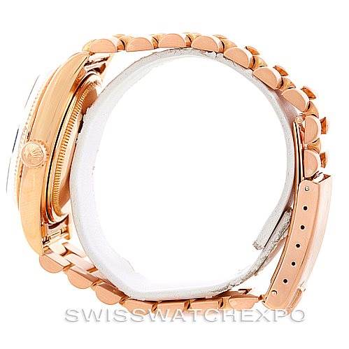 This image shows a side view of a Rolex President 1803 Men
s Rose Gold Black Dial 1803 Men
s Rose Gold Black Dial model watch, highlighting the bracelet and case.