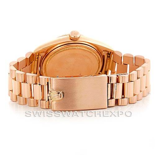 The image shows the back view of a Rolex President 1803 Men
s Rose Gold Black Dial 1803 Men
s Rose Gold Black Dial watch, highlighting its bracelet and clasp.