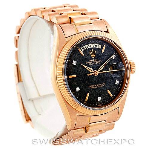 The image shows a side and partial front view of a Rolex President 1803 Men
s Rose Gold Black Dial 1803 Men
s Rose Gold Black Dial model watch, showcasing its bracelet and black diamond-set dial.