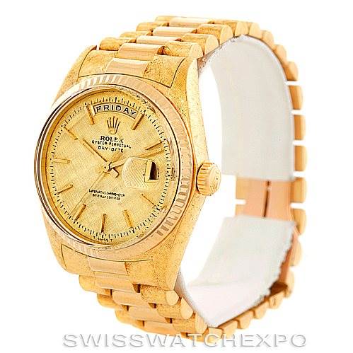 This image shows the Rolex President 1803 Men
s Yellow Gold Champagne Dial 1803 Men
s Yellow Gold Champagne Dial model watch from a front angle, displaying its face, bezel, crown, and bracelet.