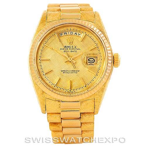 This image shows a Rolex President 1803 Men
s Yellow Gold Champagne Dial 1803 Men
s Yellow Gold Champagne Dial model watch from a front angle, displaying its gold case, day-date window, and bracelet.