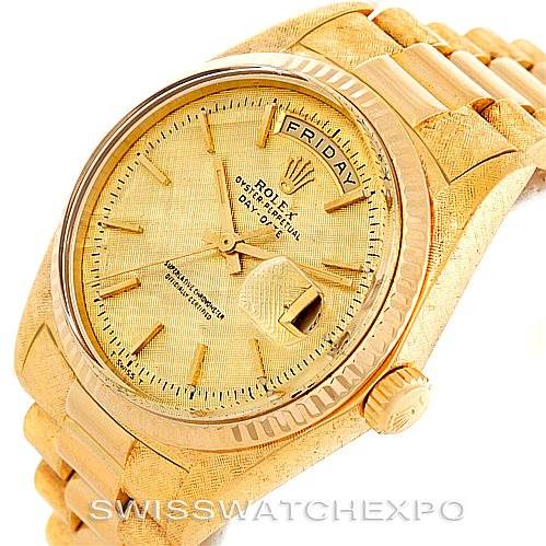 This image shows a Rolex President 1803 Men
s Yellow Gold Champagne Dial 1803 Men
s Yellow Gold Champagne Dial model watch at an angled top-down view highlighting the face, crown, and bracelet.