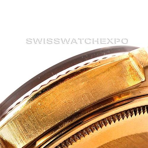 The image shows a close-up angle of the side of the Rolex President 1803 Men
s Yellow Gold Champagne Dial 1803 Men
s Yellow Gold Champagne Dial watch, focusing on the gold case and bezel.