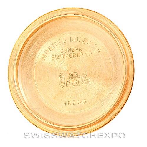 This image shows the inside case back of a Rolex President 18238 Men's Yellow Gold Blue Dial 18238 Men's Yellow Gold Blue Dial model watch, featuring engraved details and hallmarks.