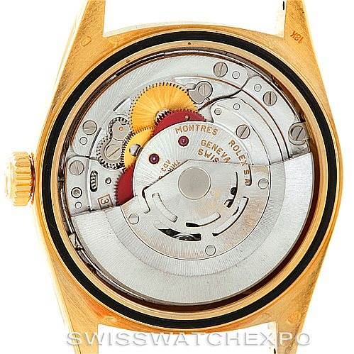 This image shows the internal mechanism of a Rolex President 18238 Men's Yellow Gold Blue Dial 18238 Men's Yellow Gold Blue Dial watch from a rear, open-back angle.