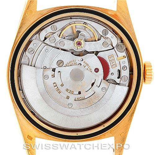 The image shows the internal mechanism of a Rolex President 18238 Men's Yellow Gold Blue Dial 18238 Men's Yellow Gold Blue Dial model watch, viewed from the back.