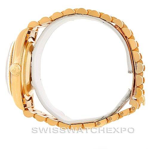 The image shows a side view of a gold Rolex President 18238 Men's Yellow Gold Blue Dial 18238 Men's Yellow Gold Blue Dial model watch, focusing on the case and bracelet.