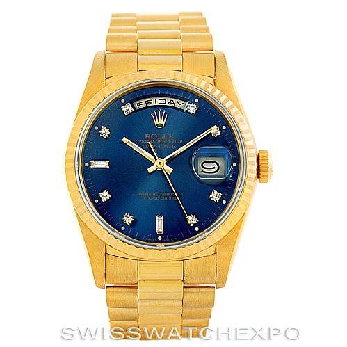 The image shows a front view of a Rolex President 18238 Men's Yellow Gold Blue Dial 18238 Men's Yellow Gold Blue Dial watch with a gold case, blue dial, and gold bracelet.