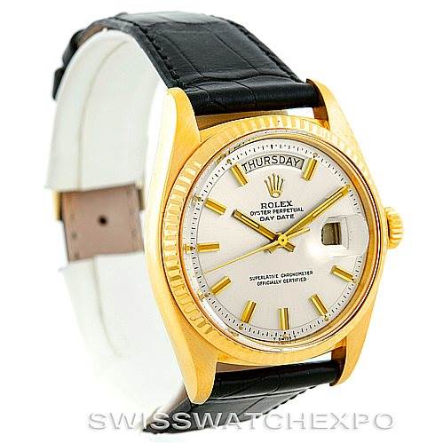 This image shows a President model Rolex watch from a front, slightly angled perspective, displaying its dial, bezel, and leather strap.