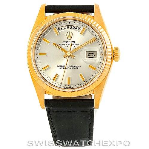 The image shows a front view of a Rolex President 1803 Men
s Yellow Gold Silver Dial 1803 Men
s Yellow Gold Silver Dial model watch with a visible face, bezel, hands, and a portion of the strap.