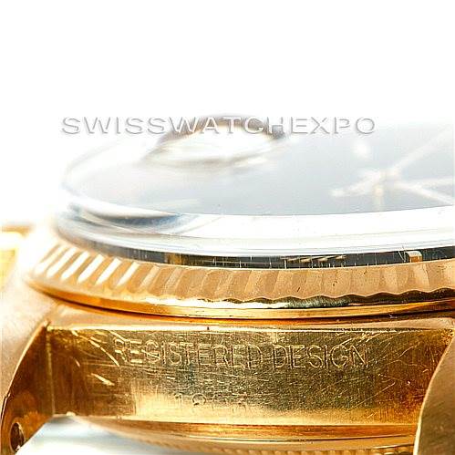 The image shows a side view of a Rolex President 1803 Men's Yellow Gold Black Dial 1803 Men's Yellow Gold Black Dial watch, focusing on the case, crystal, and bezel with some engraved details.