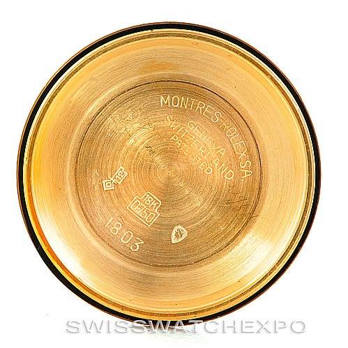 This image shows the inside of the case back of a Rolex President 1803 Men's Yellow Gold Black Dial 1803 Men's Yellow Gold Black Dial model watch.