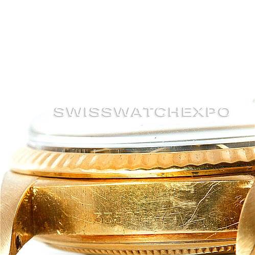 The image shows a close-up side view of the gold case and fluted bezel, showcasing the model and brand (President model by Rolex).