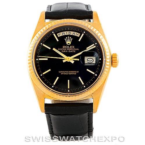 The image shows a front view of a Rolex President 1803 Men's Yellow Gold Black Dial 1803 Men's Yellow Gold Black Dial Day-Date watch with a gold case and black leather strap.