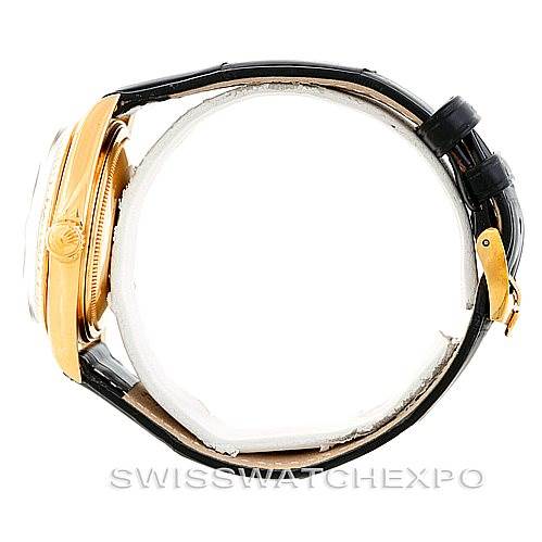 This image shows a side view of a Rolex President 1803 Men's Yellow Gold Black Dial 1803 Men's Yellow Gold Black Dial model watch, highlighting its gold case and black leather strap.