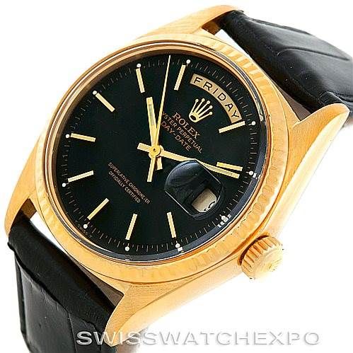 The image shows a Rolex President 1803 Men's Yellow Gold Black Dial 1803 Men's Yellow Gold Black Dial watch from an angled side view, highlighting the face, bezel, crown, and part of the strap.