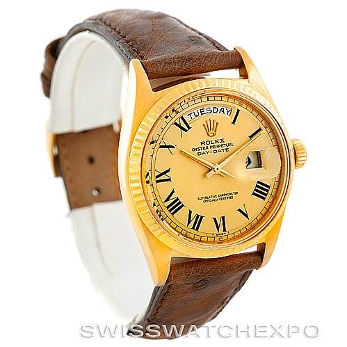 This image shows a front angle of the Rolex President 1803 Men
s Yellow Gold Champagne Dial 1803 Men
s Yellow Gold Champagne Dial model watch, featuring its dial, bezel, and leather strap.