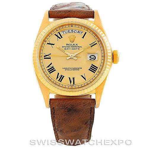 This image shows a frontal view of a Rolex President 1803 Men
s Yellow Gold Champagne Dial 1803 Men
s Yellow Gold Champagne Dial Day-Date watch, highlighting its dial, bezel, and leather strap.