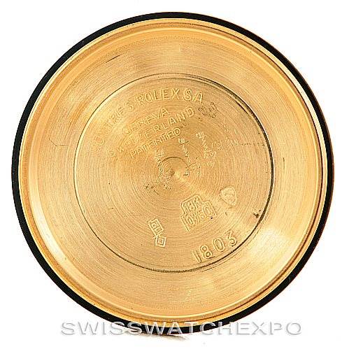 This image shows the inner case back of a Rolex President 1803 Men
s Yellow Gold Silver Dial 1803 Men
s Yellow Gold Silver Dial model watch with brand engravings.