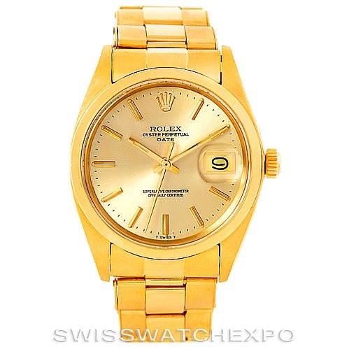 This image shows a front view of the Rolex President 1503 Men
s Yellow Gold Champagne Dial 1503 Men
s Yellow Gold Champagne Dial model watch, highlighting the dial, bracelet, and crown.