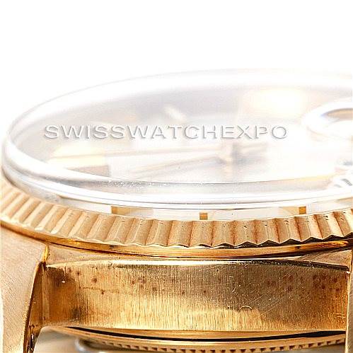 The image shows a close-up side angle of the bezel, crystal, and case of a Rolex President 1803 Men
s Yellow Gold Silver Dial 1803 Men
s Yellow Gold Silver Dial watch.