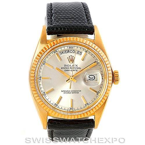 This image shows a Rolex President 1803 Men
s Yellow Gold Silver Dial 1803 Men
s Yellow Gold Silver Dial model watch from a front view, highlighting its dial, bezel, and leather strap.