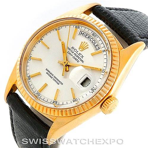 This image shows the Rolex President 1803 Men
s Yellow Gold Silver Dial 1803 Men
s Yellow Gold Silver Dial model watch at a slight angle, highlighting the dial, bezel, and part of the black leather strap.