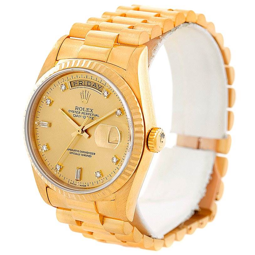 This image shows a Rolex President 18238 Men
s Yellow Gold Champagne Dial 18238 Men
s Yellow Gold Champagne Dial model watch at an angle displaying its face, bezel, crown, and part of the bracelet.