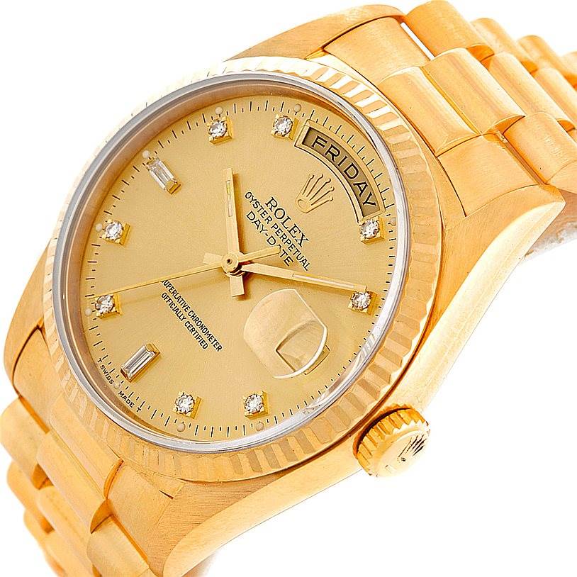 This image shows a Rolex President 18238 Men
s Yellow Gold Champagne Dial 18238 Men
s Yellow Gold Champagne Dial model watch from a three-quarter angle, highlighting the dial, bracelet, and crown.