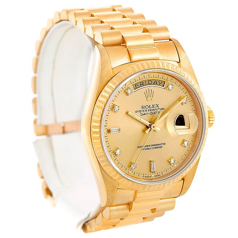 The Rolex President 18238 Men
s Yellow Gold Champagne Dial 18238 Men
s Yellow Gold Champagne Dial model watch is shown at a three-quarter angle, displaying its gold bracelet and detailed face.
