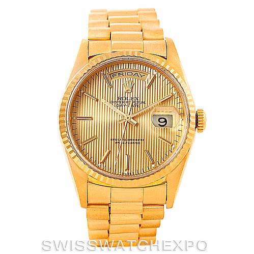 The Rolex President 18238 Men
s Yellow Gold Champagne Dial 18238 Men
s Yellow Gold Champagne Dial model watch is shown from a frontal angle, displaying its face, bezel, crown, and bracelet.