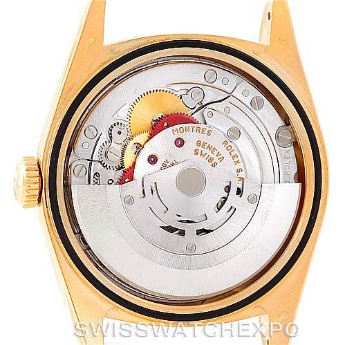 This image shows the back view of the Rolex President 18238 Men
s Yellow Gold Champagne Dial 18238 Men
s Yellow Gold Champagne Dial model, displaying the watch
s internal movement and mechanics.