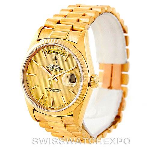 The image shows a gold Rolex President 18238 Men
s Yellow Gold Champagne Dial 18238 Men
s Yellow Gold Champagne Dial model watch at a slight angle, displaying the dial, day-date feature, and the bracelet.