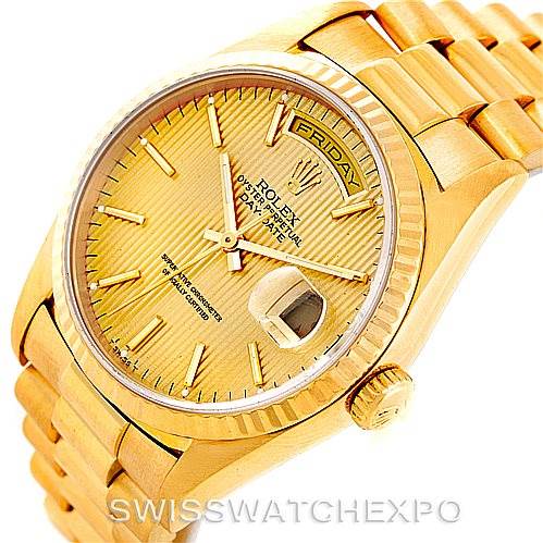The image shows a Rolex President 18238 Men
s Yellow Gold Champagne Dial 18238 Men
s Yellow Gold Champagne Dial model watch angled slightly from the front, highlighting the dial, day-date display, bezel, and bracelet.