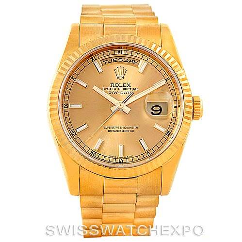 The image displays a front view of a Rolex President 118238 Men's Yellow Gold Champagne Dial 118238 Men's Yellow Gold Champagne Dial Day-Date watch, showing the dial, bracelet, and bezel.