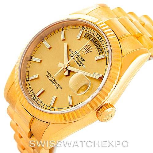 The image shows a front angled view of the Rolex President 118238 Men's Yellow Gold Champagne Dial 118238 Men's Yellow Gold Champagne Dial model, highlighting the dial, bracelet, and crown.