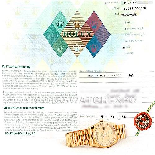 This image shows a certificate and documents for a Rolex President 118238 Men's Yellow Gold Champagne Dial 118238 Men's Yellow Gold Champagne Dial model watch, along with a photograph of the watch from a front angle.