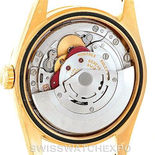 This image shows the internal movement and components of a Rolex President 118238 Men's Yellow Gold White Dial 118238 Men's Yellow Gold White Dial model watch from the rear angle.
