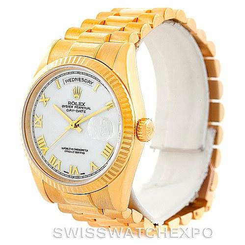 The image shows a Rolex President 118238 Men's Yellow Gold White Dial 118238 Men's Yellow Gold White Dial model watch at a three-quarter angle, highlighting its gold case, white dial, and bracelet.
