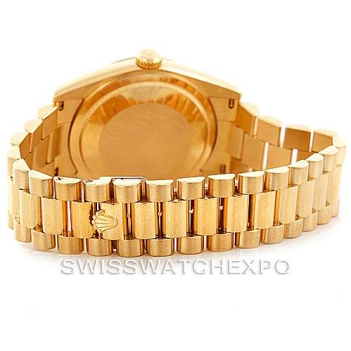 This image shows the back case and bracelet of a Rolex President 118238 Men's Yellow Gold White Dial 118238 Men's Yellow Gold White Dial model watch from a rear angle.