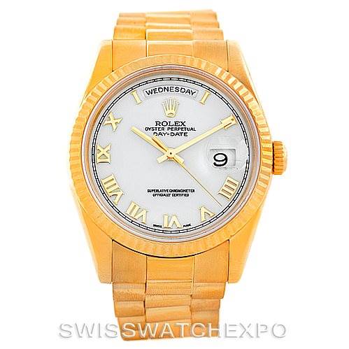 The image shows a front view of a Rolex President 118238 Men's Yellow Gold White Dial 118238 Men's Yellow Gold White Dial Day-Date watch, displaying the dial, bezel, and bracelet.