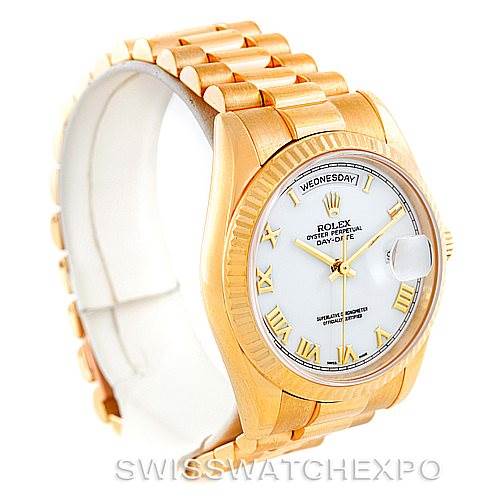 This image shows a Rolex President 118238 Men's Yellow Gold White Dial 118238 Men's Yellow Gold White Dial model watch at a slight left-side angle, highlighting its face, bezel, and bracelet.
