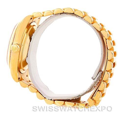 Side profile of a Rolex President 118238 Men's Yellow Gold White Dial 118238 Men's Yellow Gold White Dial model watch, highlighting the gold case, crown, and bracelet.