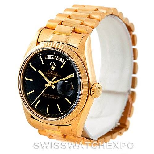 This image shows a Rolex President 1803 Men's Yellow Gold Black Dial 1803 Men's Yellow Gold Black Dial model watch from a front and slightly angled perspective, displaying the dial, bezel, and bracelet.