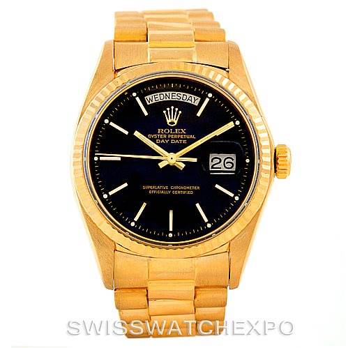 The image shows a front view of the Rolex President 1803 Men's Yellow Gold Black Dial 1803 Men's Yellow Gold Black Dial model watch, highlighting its gold bracelet, black dial, and day-date display.
