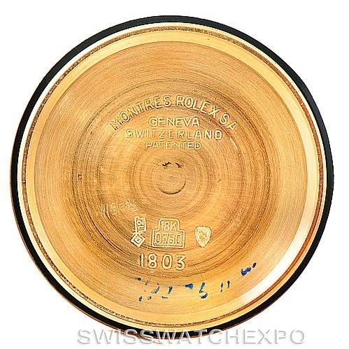 This is the inner case back of a Rolex President 1803 Men
s Yellow Gold Champagne Dial 1803 Men
s Yellow Gold Champagne Dial model watch, showing markings and hallmarks.