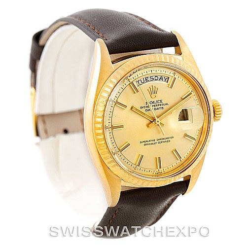 This image shows a President model Rolex watch, angled slightly to display the face, dial, and part of the strap.