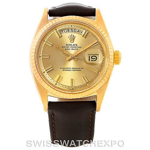 The image shows a front view of the Rolex President 1803 Men
s Yellow Gold Champagne Dial 1803 Men
s Yellow Gold Champagne Dial model watch, displaying its face, hands, date window, and leather strap.